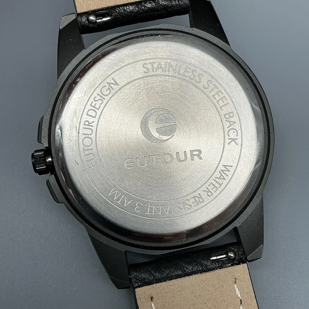 EUTOUR Mens Watch 40mm Black Dial Black Leather Magnetic Ball New Battery